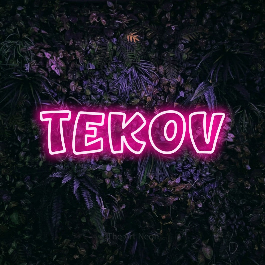 LED neon sign reading “Tekov”, arranged in a single line.