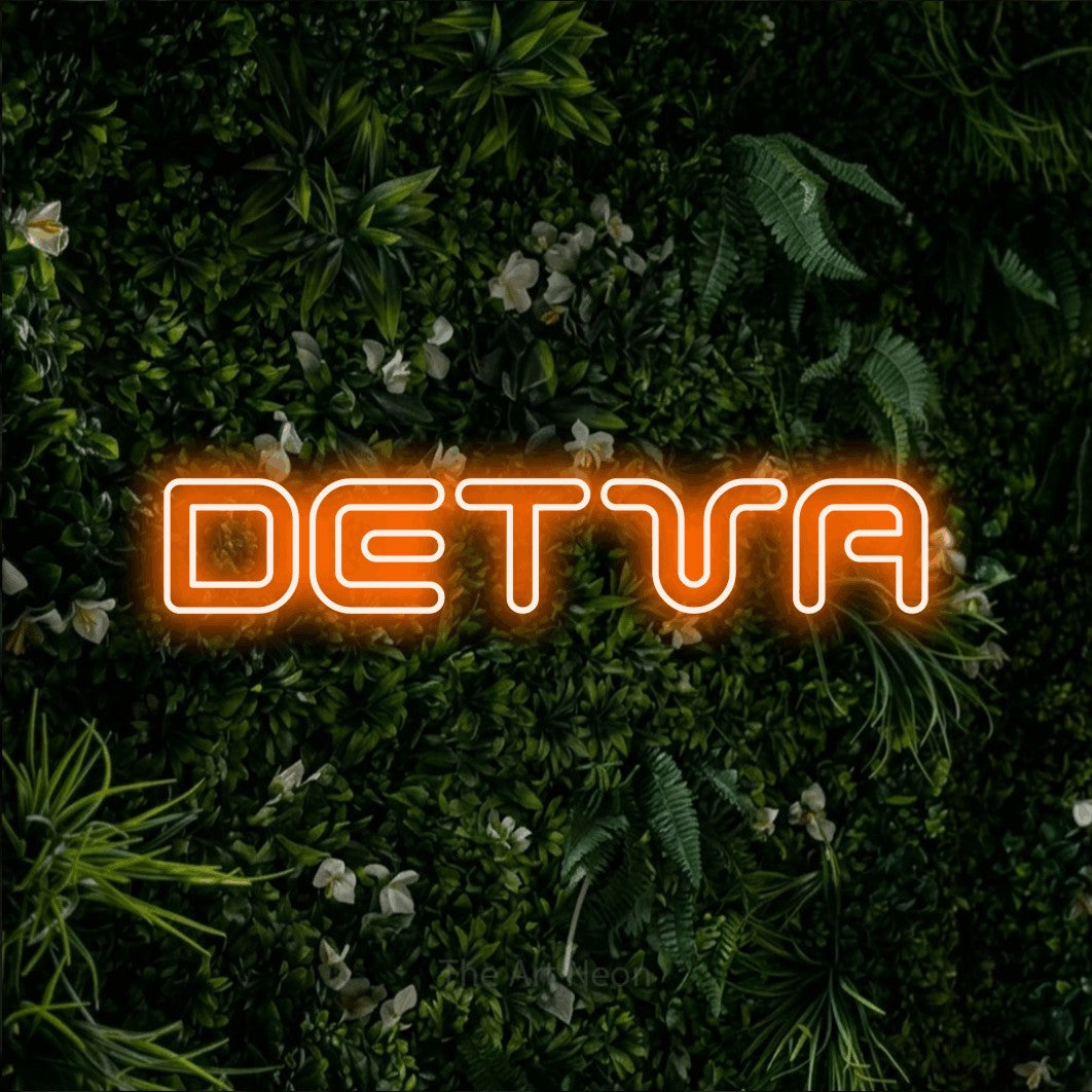 LED neon sign reading “DETVA”, arranged in a single line.