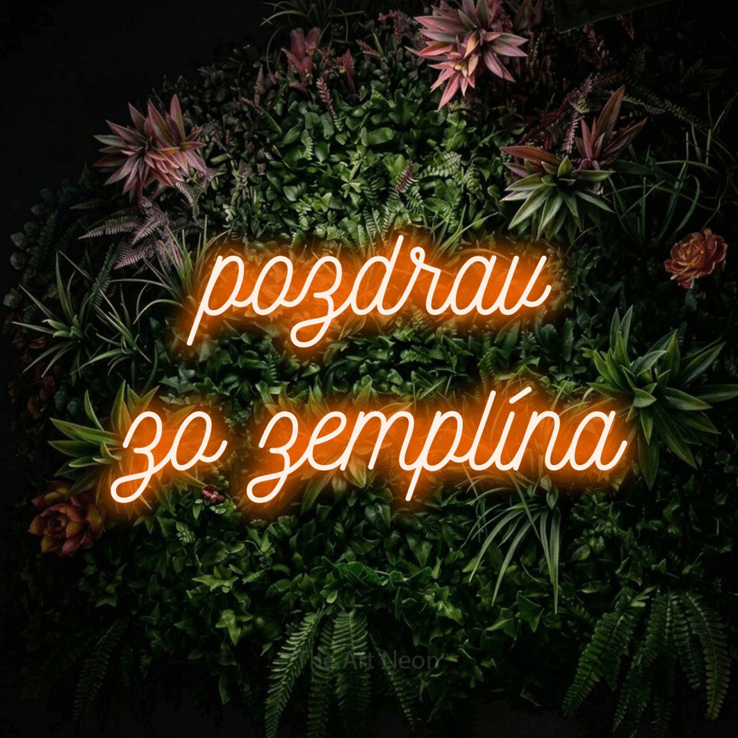 LED neon sign reading “pozdrav zo zemplína”, arranged in two lines.
