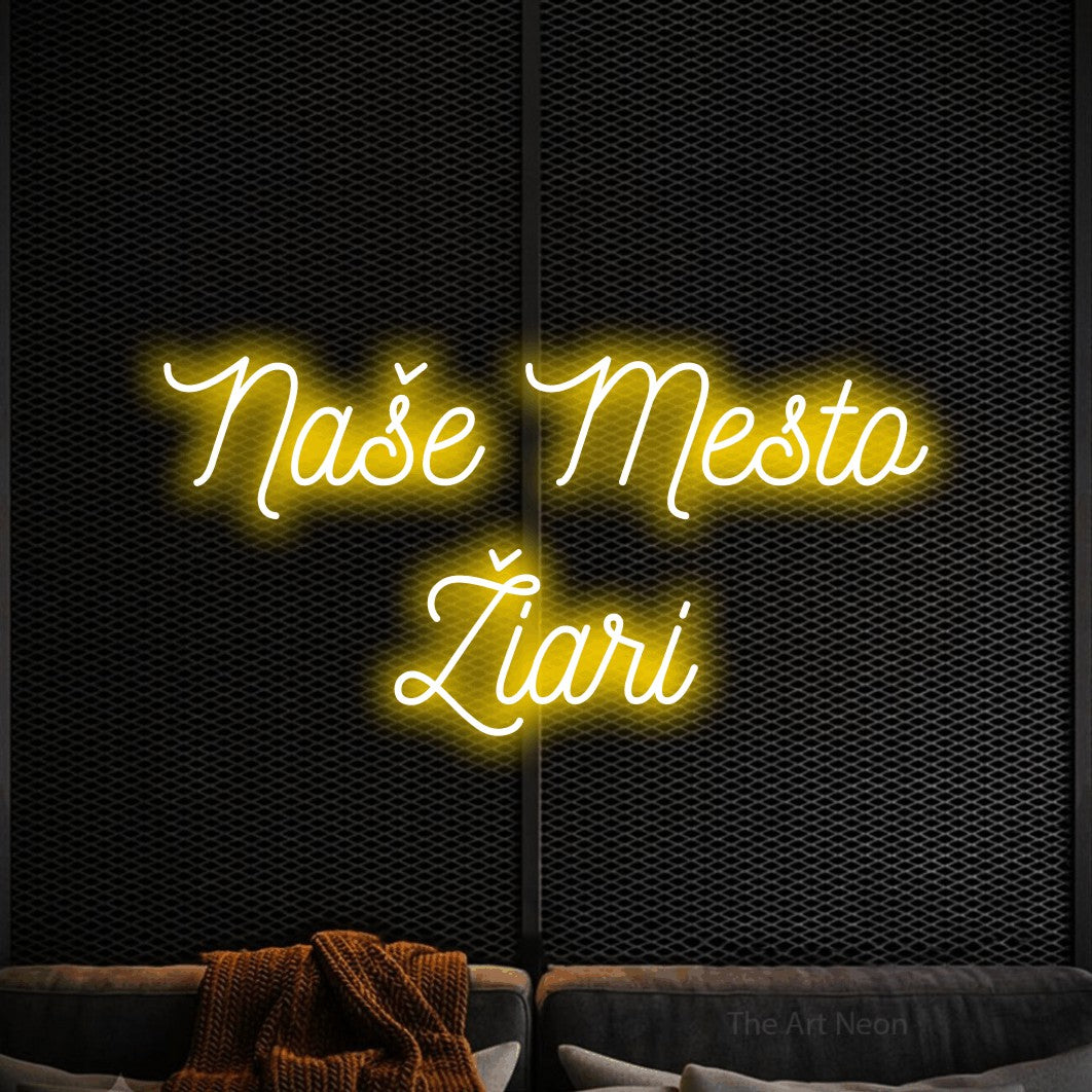 LED neon sign reading “Naše Mesto Žiari”, arranged in two lines.
