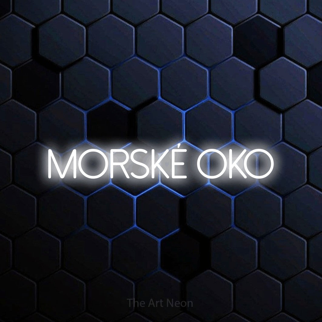 LED neon sign reading “morské oko”, arranged in a single line.