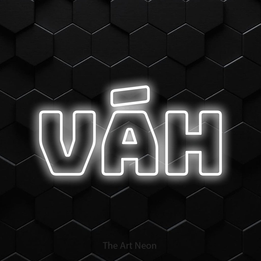 LED neon sign reading “Váh”, arranged in a single line.