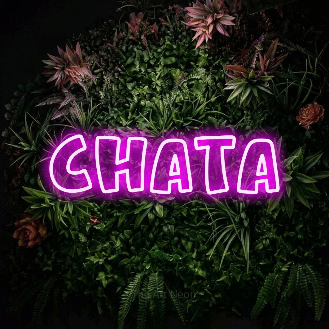 LED neon sign reading “chata”, arranged in a single line.