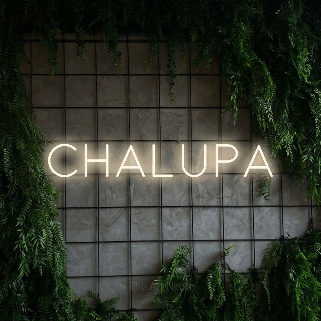 LED neon sign reading “Chalupa”, arranged in a single line.