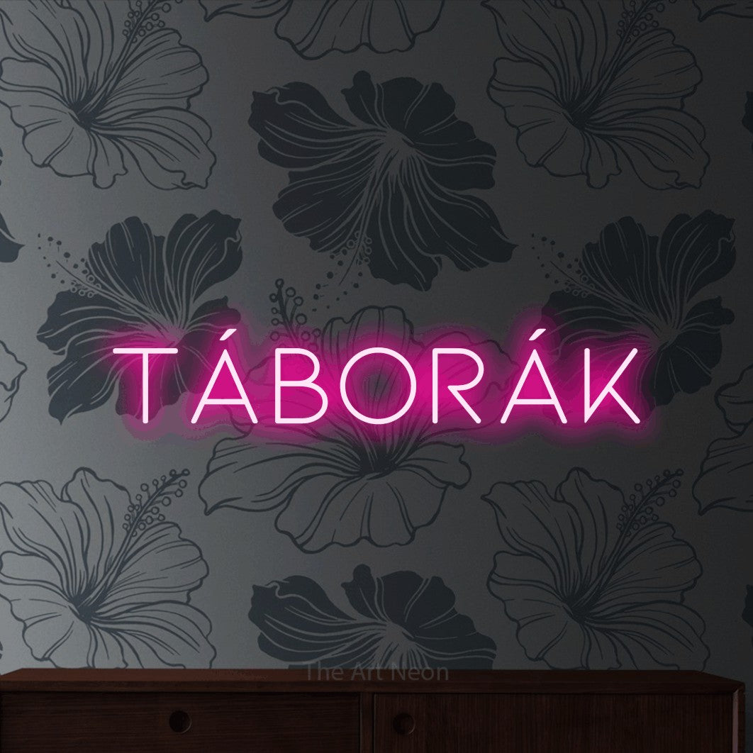 LED neon sign reading “táborák”, arranged in a single line.