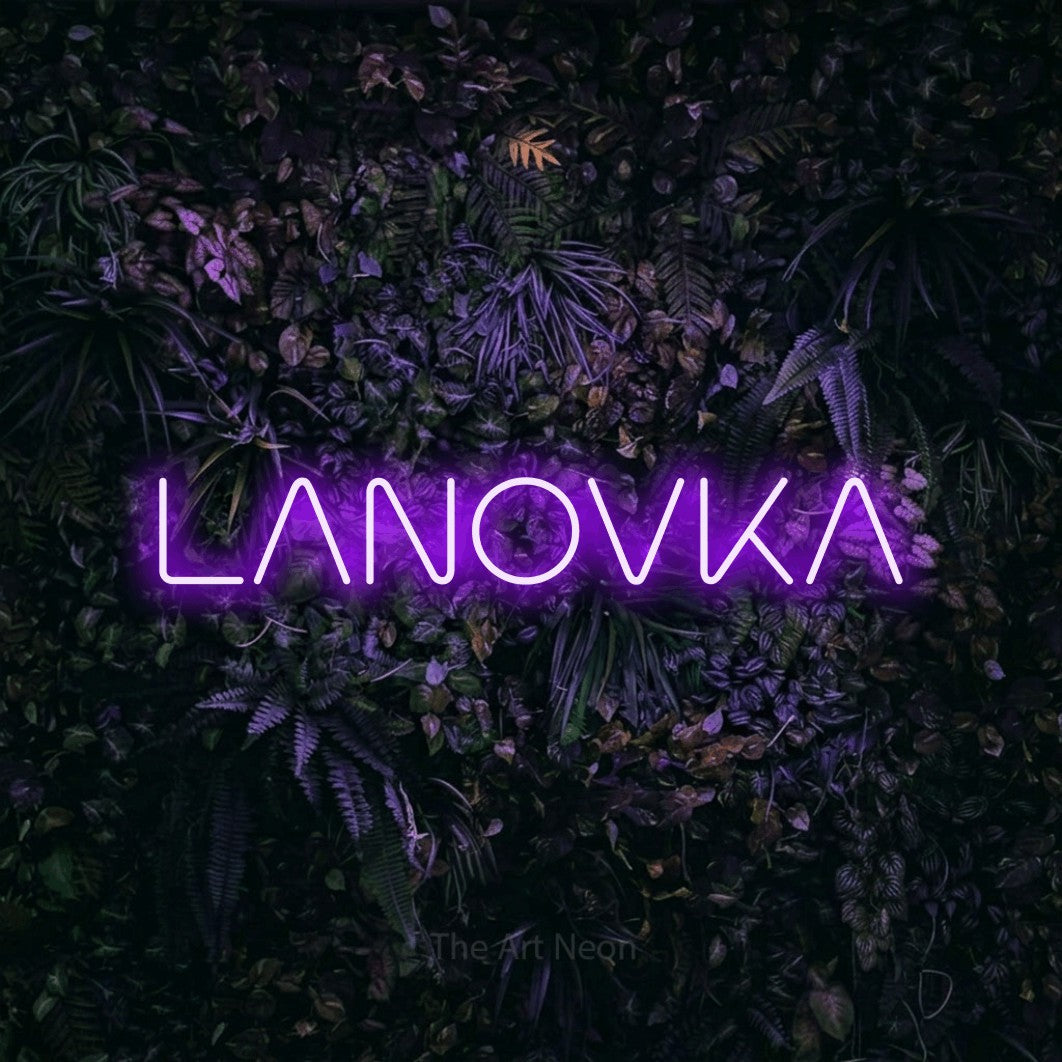 LED neon sign reading “LANOVKA”, arranged in a single line.