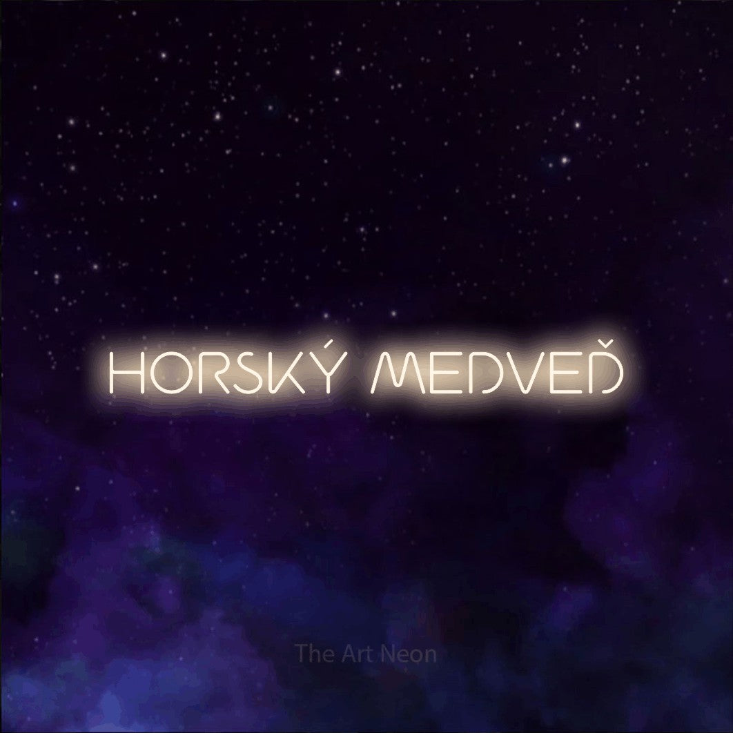LED neon sign reading “HORSKÝ MEDVEĎ”, arranged in a single line.