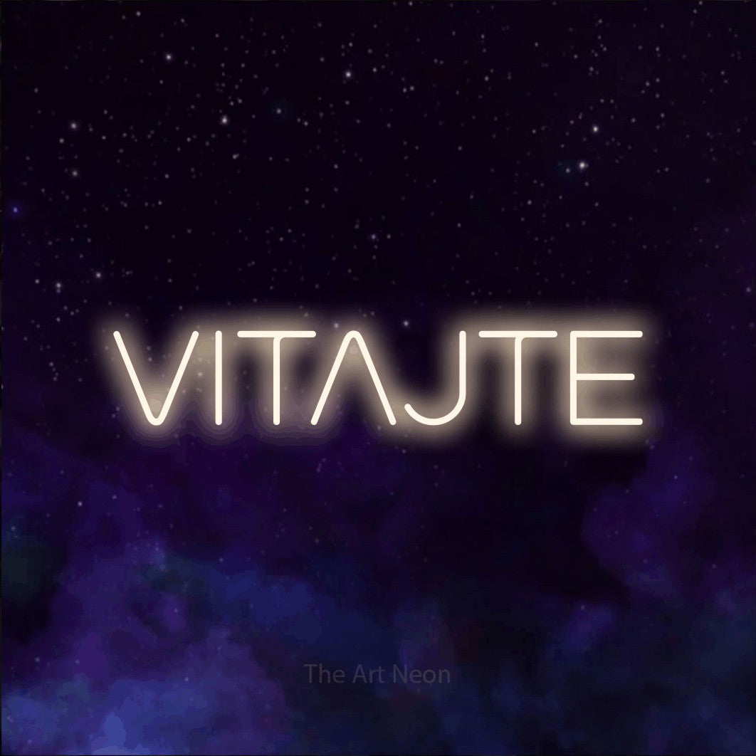 LED neon sign reading “VITAJTE”, arranged in a single line.