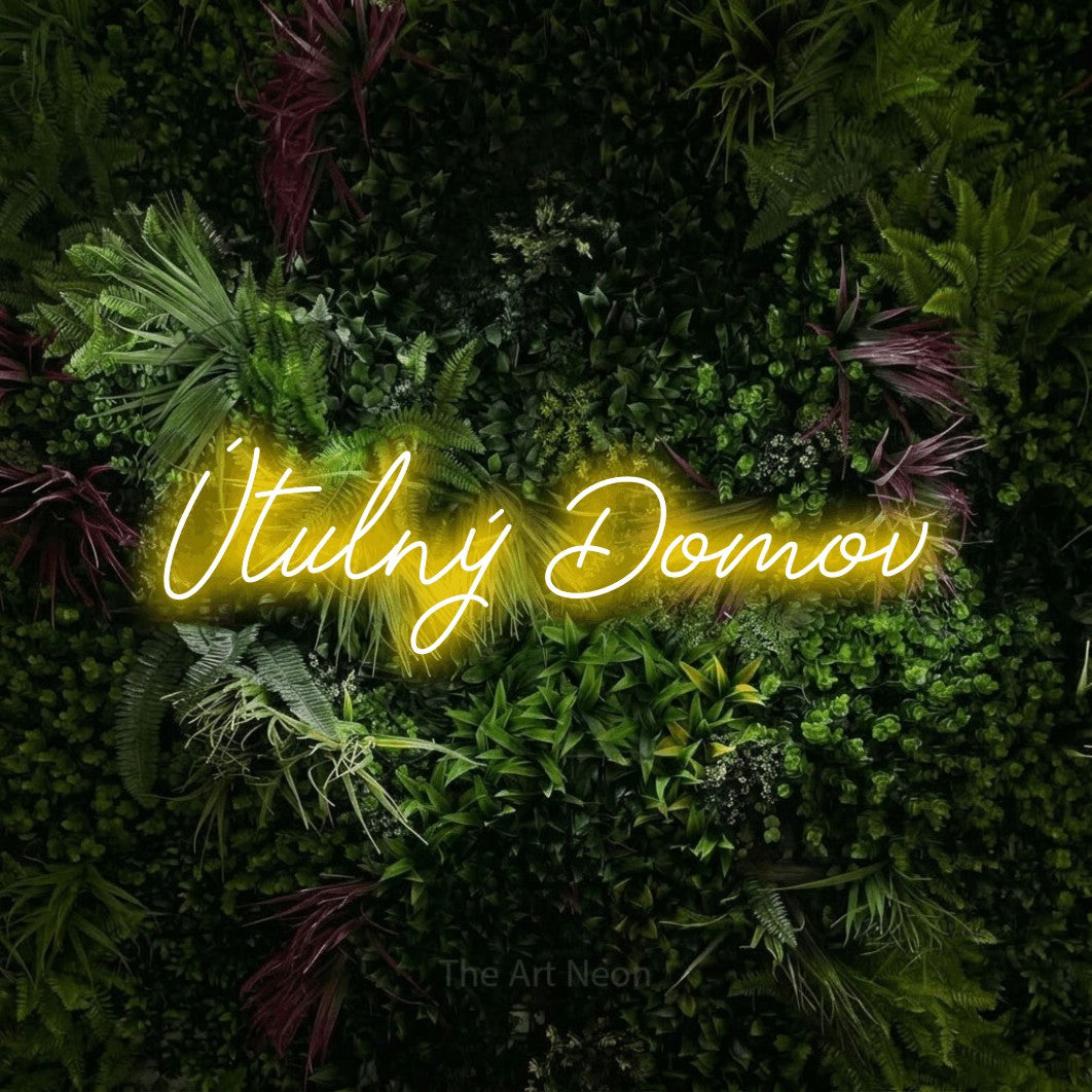 LED neon sign reading “Útulný Domov”, arranged in a single line.