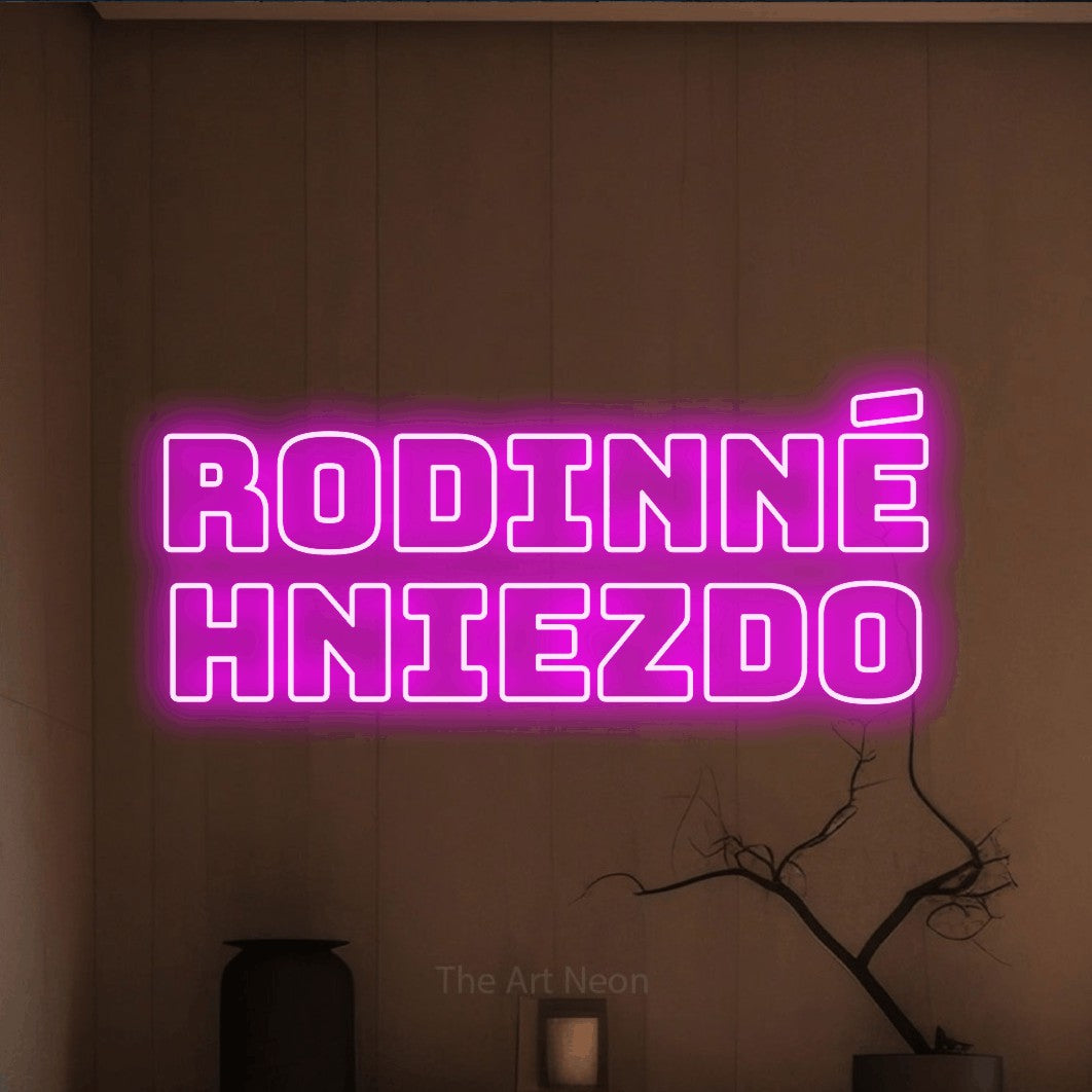 LED neon sign reading “Rodinné Hniezdo”, arranged in two lines.