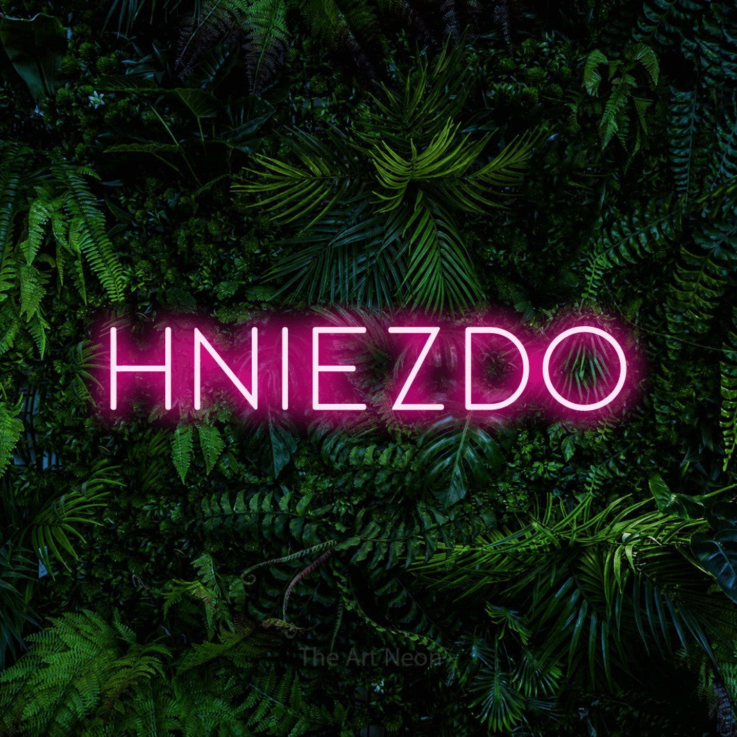 LED neon sign reading “HNIEZDO”, arranged in a single line.