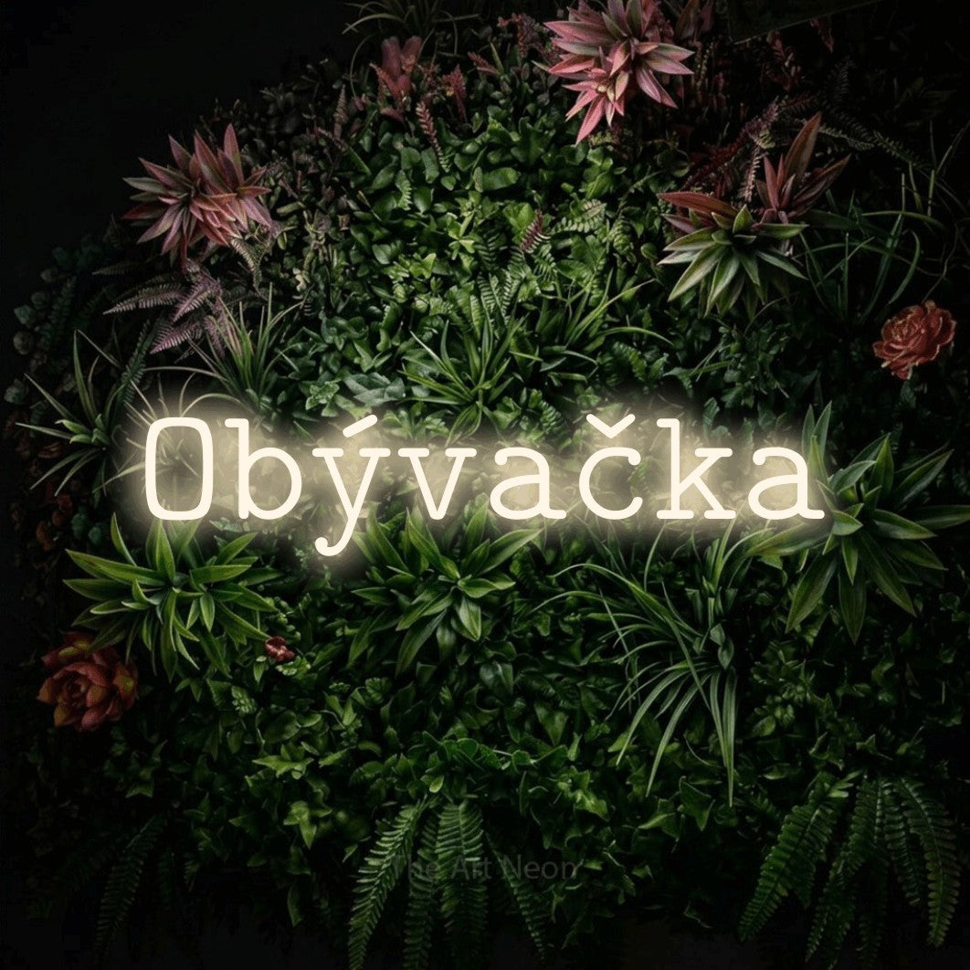 LED neon sign reading “Obývačka”, arranged in a single line.