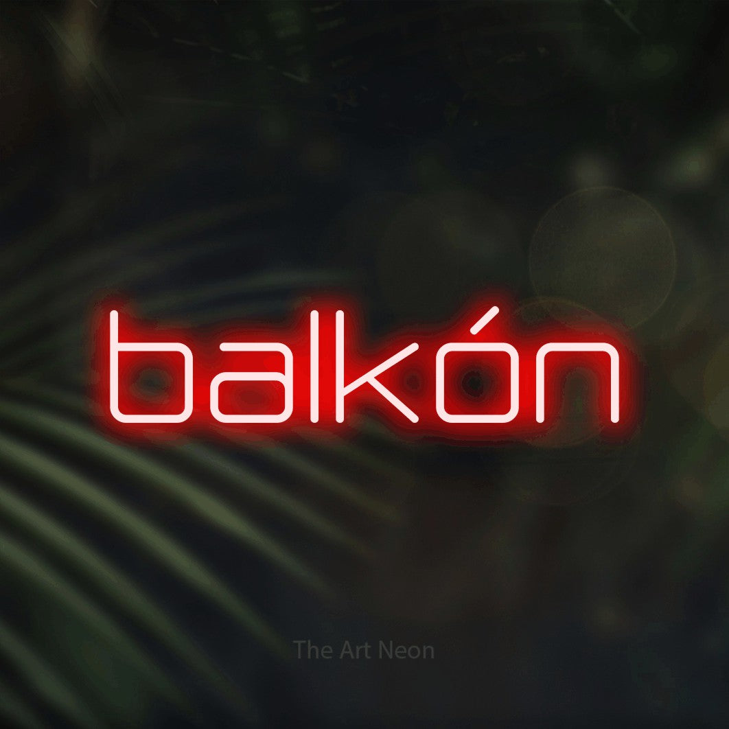 LED neon sign reading “balkón”, arranged in a single line.