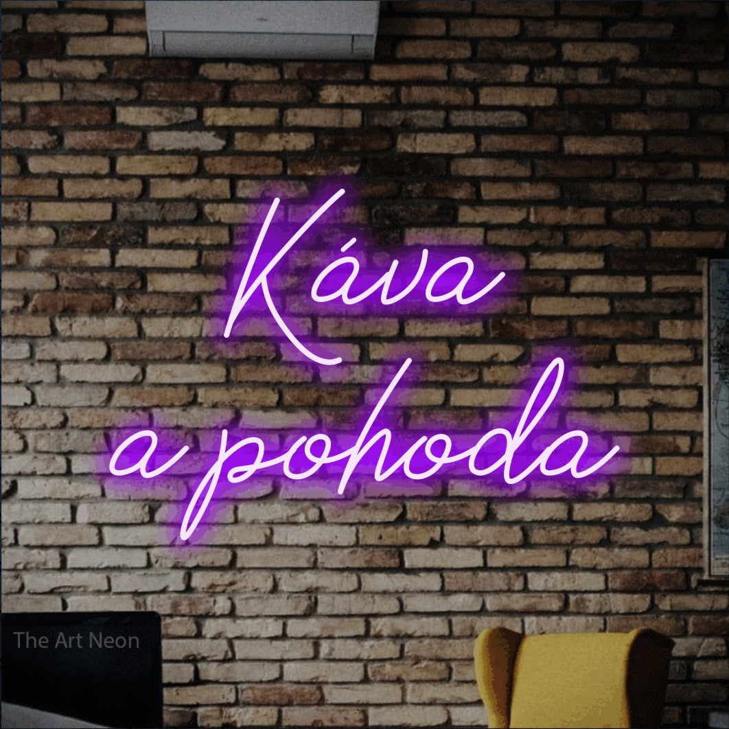 LED neon sign reading “Káva a pohoda”, arranged in two lines.