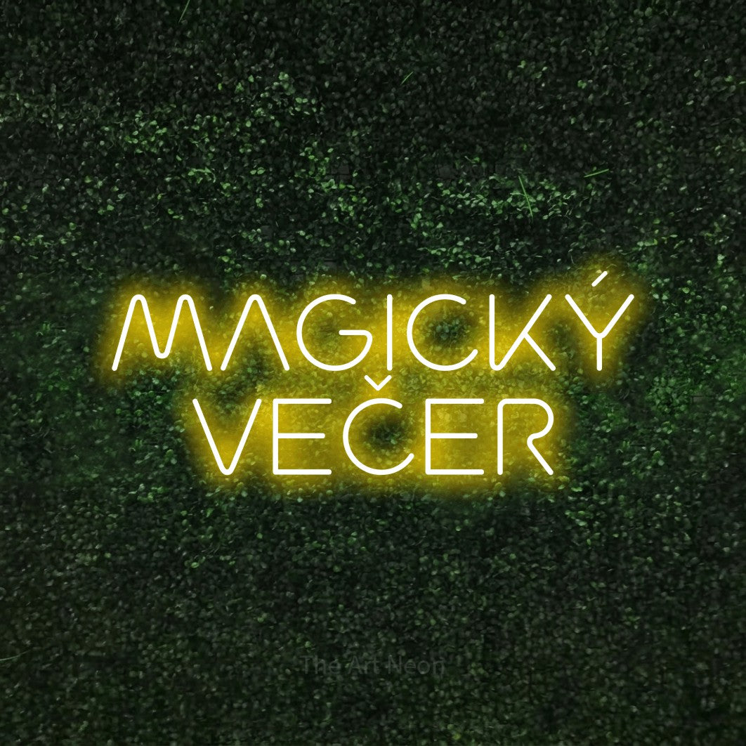 LED neon sign reading “MAGICKÝ VEČER”, arranged in two lines.