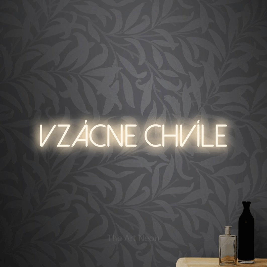 LED neon sign reading “vzácne chvíle”, arranged in a single line.