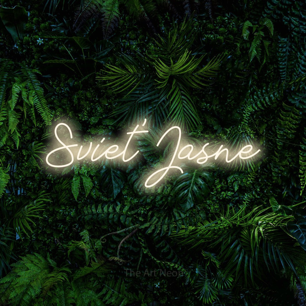 LED neon sign reading “Svieť Jasne”, arranged in a single line.