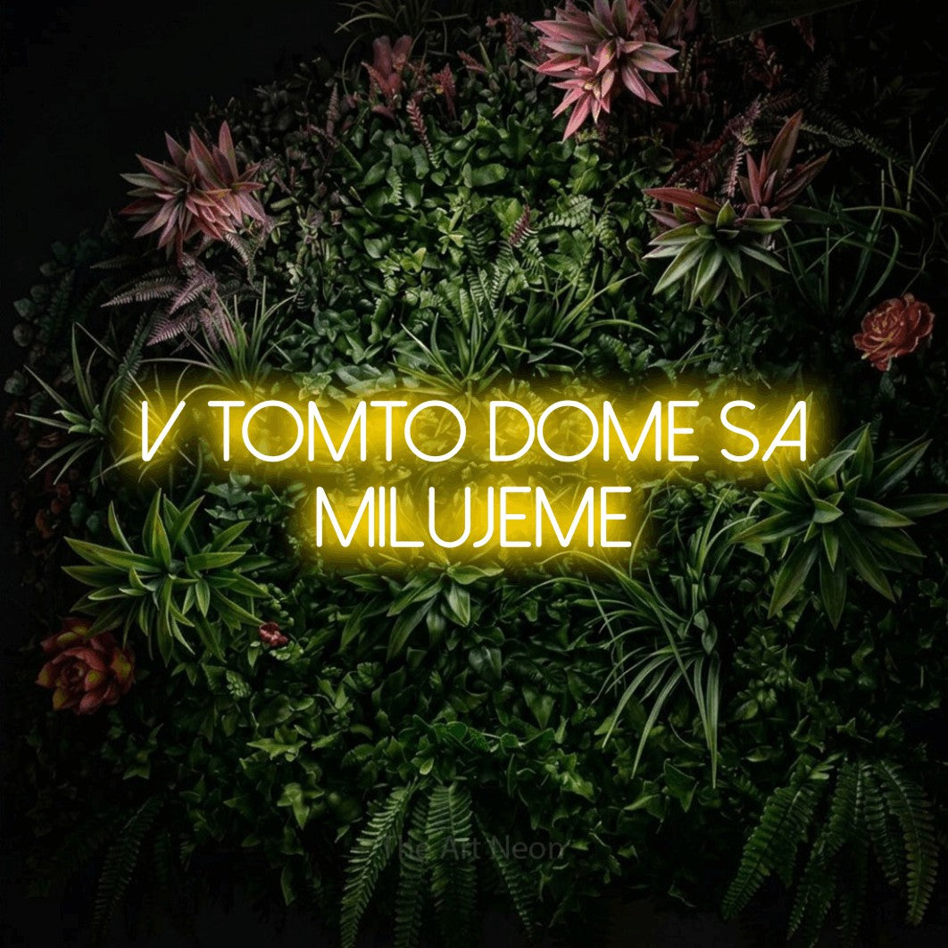 LED neon sign reading “V TOMTO DOME SA MILUJEME”, arranged in two lines.