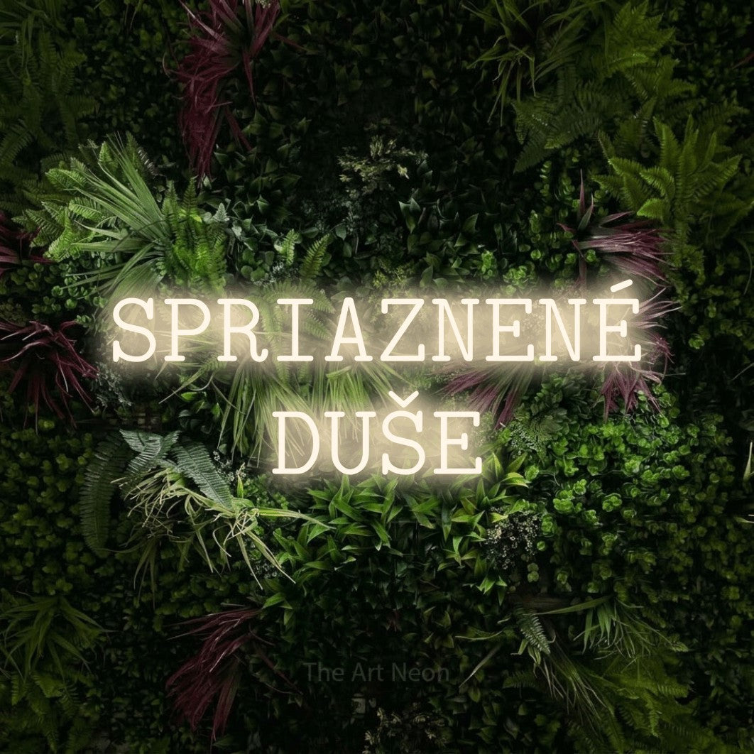 LED neon sign reading “SPRIAZNENÉ DUŠE”, arranged in two lines.