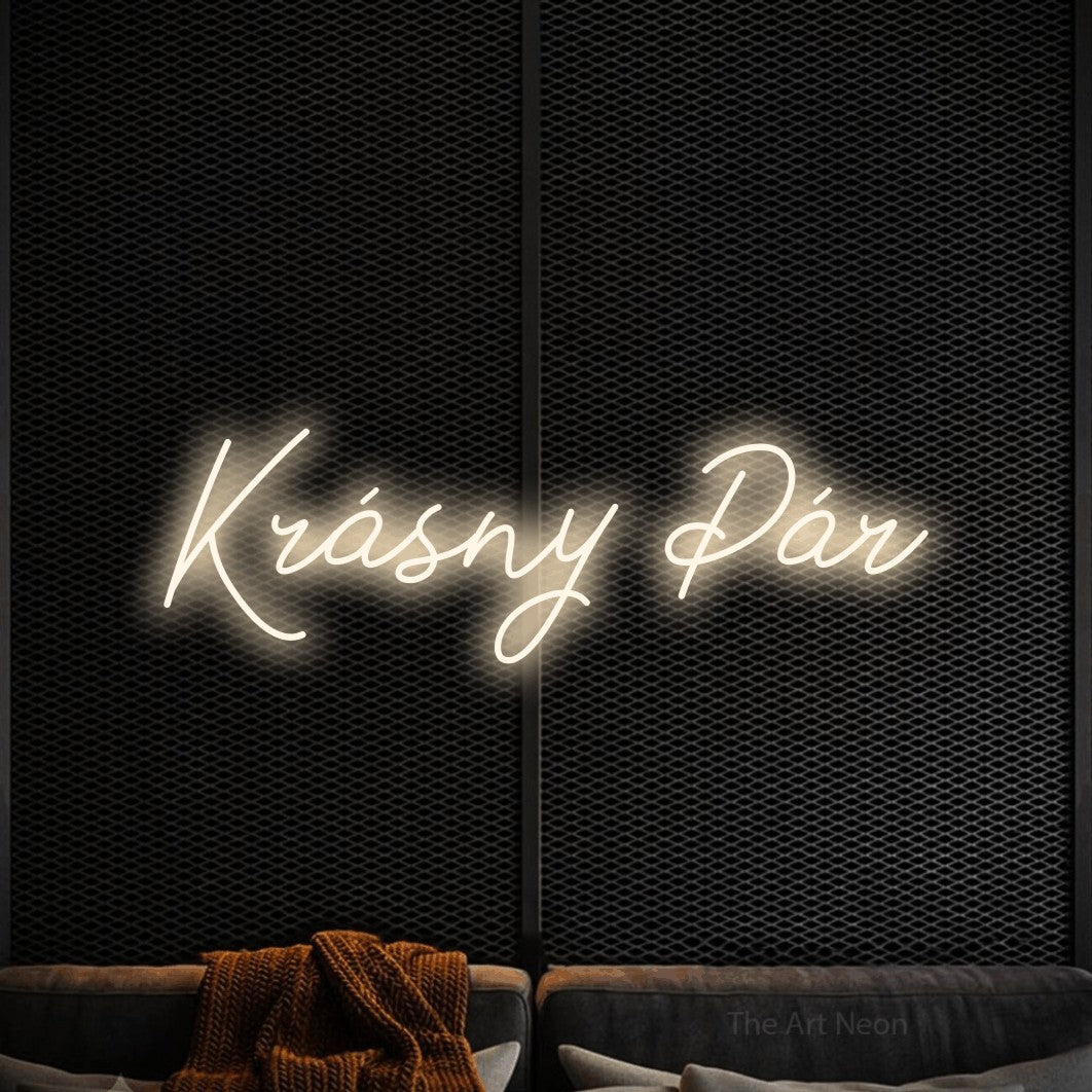 LED neon sign reading “Krásny Pár”, arranged in a single line.