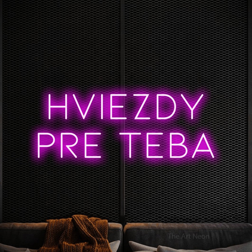 LED neon sign reading “hviezdy pre teba”, arranged in two lines.