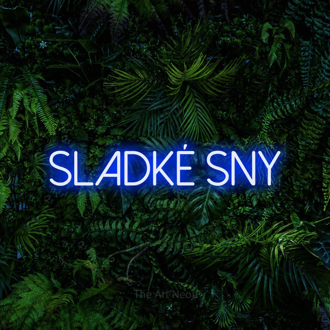 LED neon sign reading “SLADKÉ SNY”, arranged in a single line.