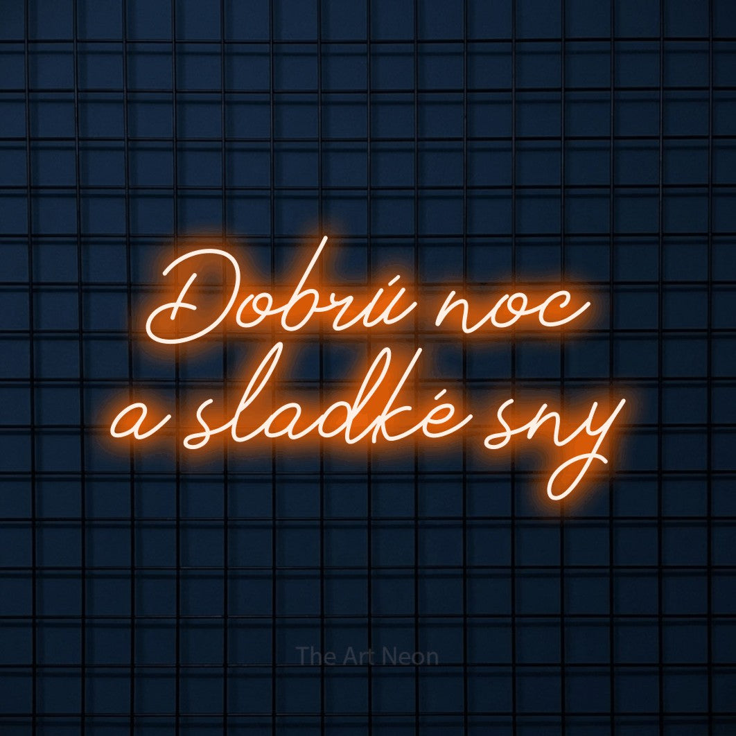 LED neon sign reading “Dobrú noc a sladké sny”, arranged in two lines.