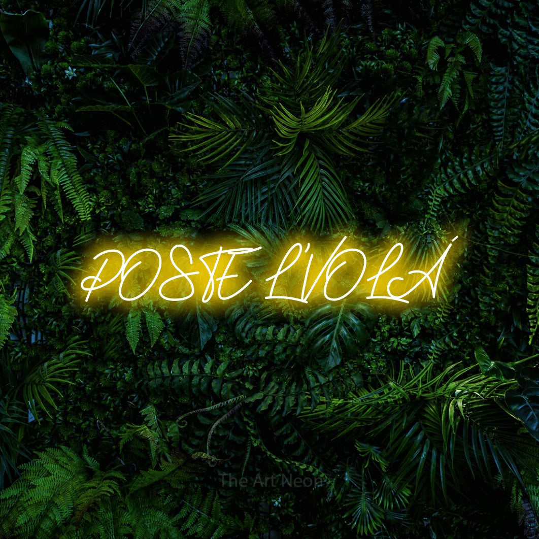 LED neon sign reading “POSTEĽ VOLÁ”, arranged in a single line.