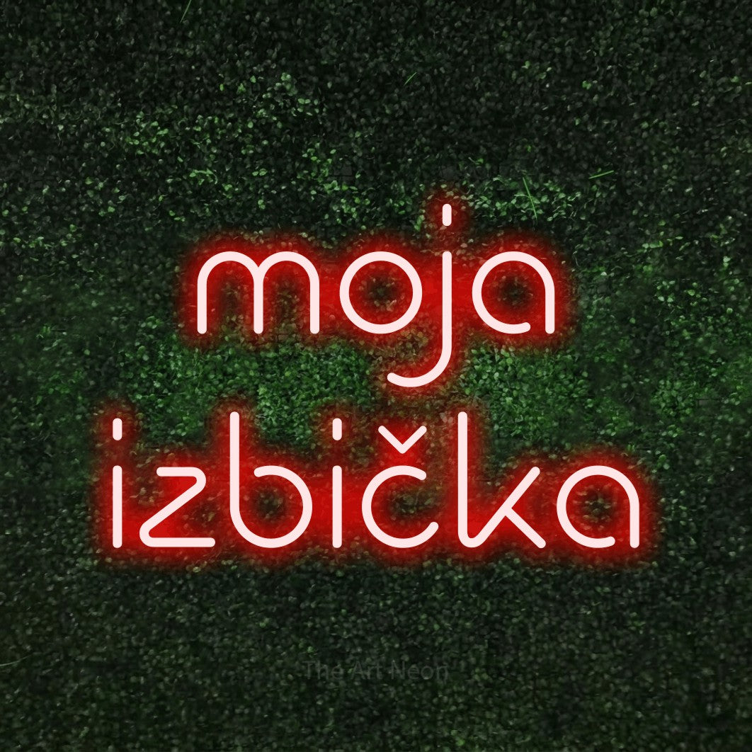 LED neon sign reading “moja izbička”, arranged in two lines.