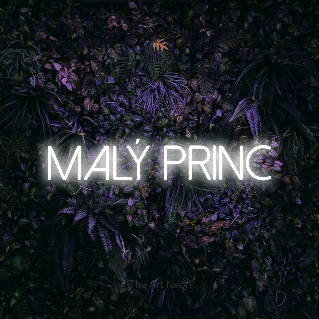 LED neon sign reading “malý PRINC”, arranged in a single line.
