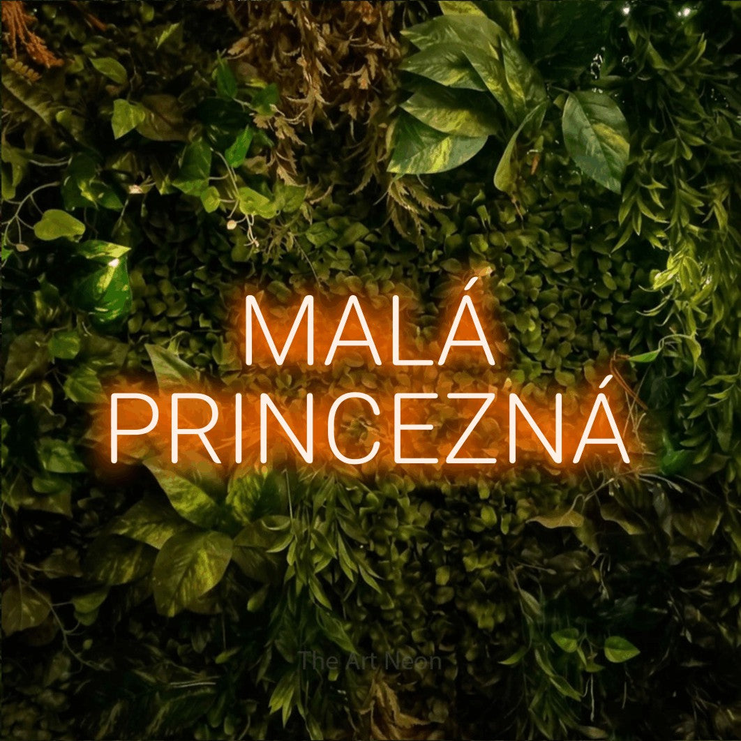 LED neon sign reading “MALÁ PRINCEZNÁ”, arranged in two lines.