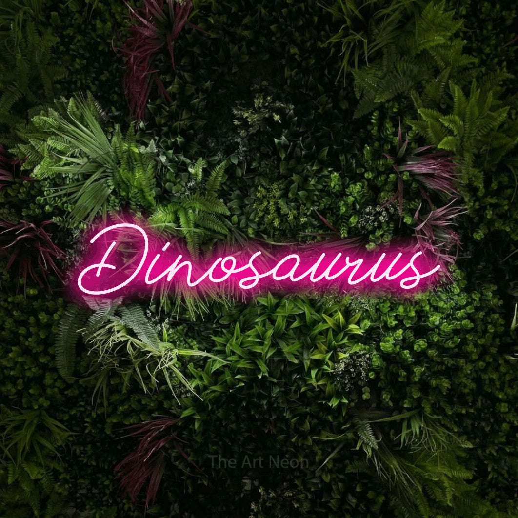 LED neon sign reading “Dinosaurus”, arranged in a single line.