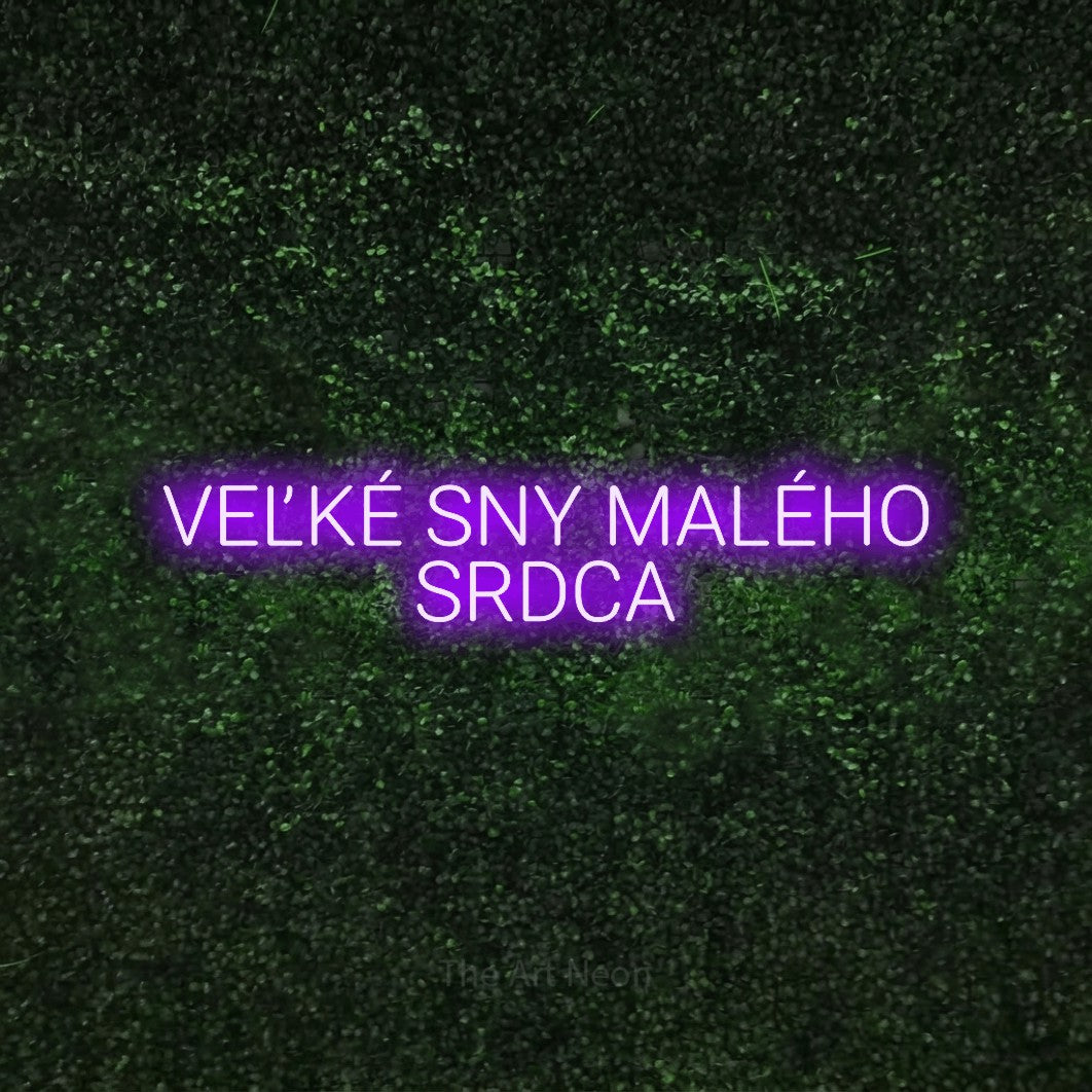 LED neon sign reading “VEĽKÉ SNY MALÉHO SRDCA”, arranged in two lines.