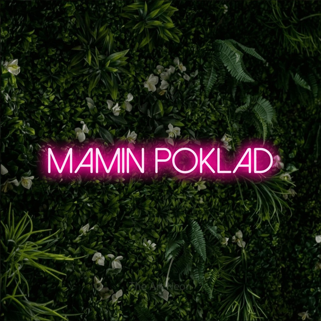 LED neon sign reading “mamin poklad”, arranged in a single line.