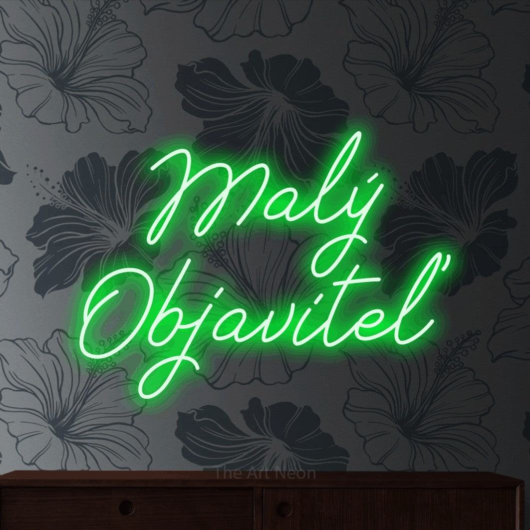 LED neon sign reading “Malý Objaviteľ”, arranged in two lines.