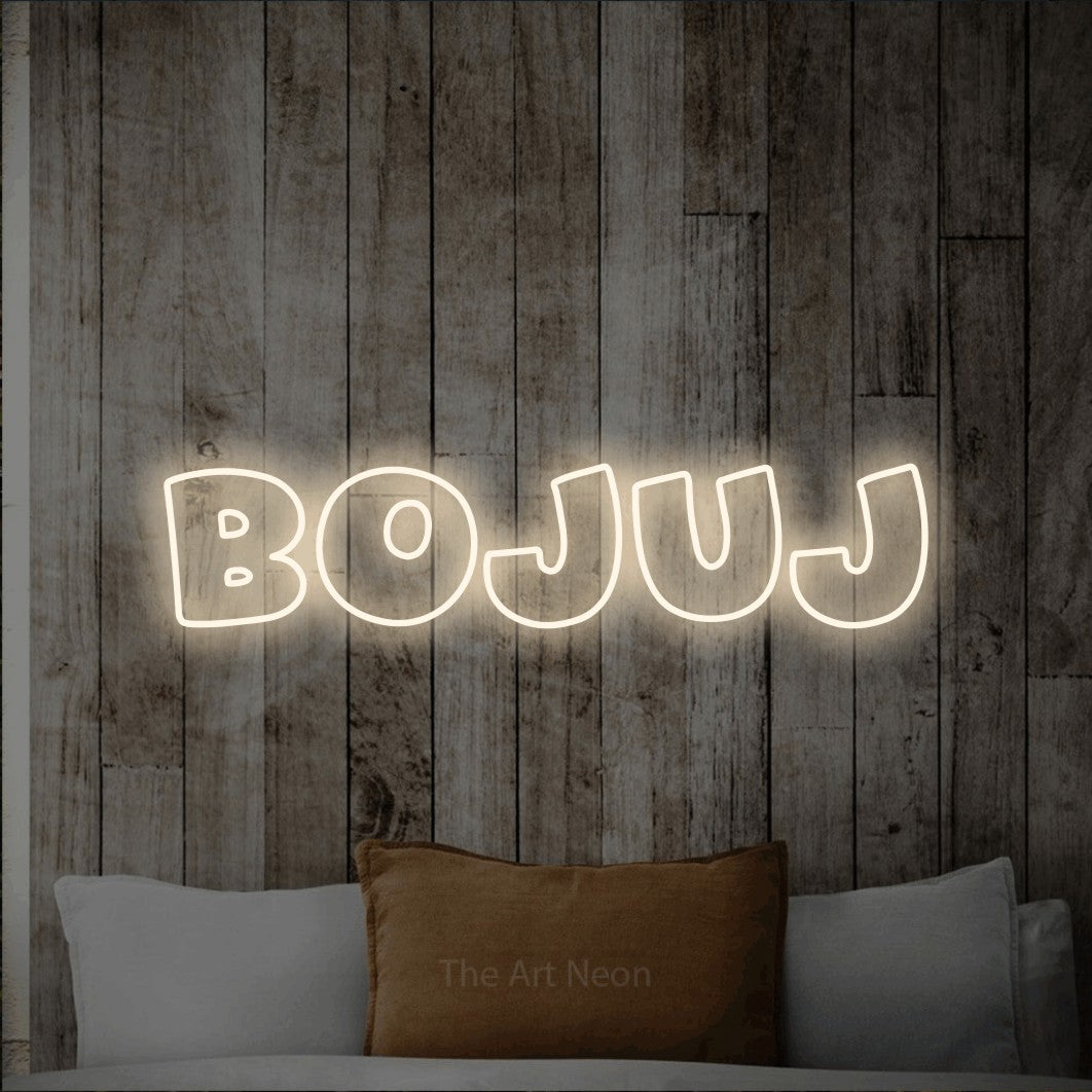 LED neon sign reading “bojuj”, arranged in a single line.