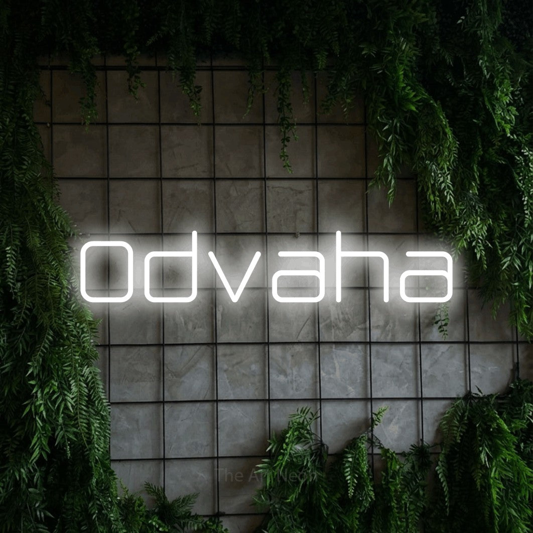 LED neon sign reading “Odvaha”, arranged in a single line.