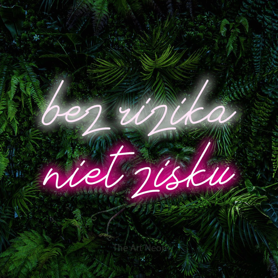 LED neon sign reading “bez rizika niet zisku”, arranged in two lines.