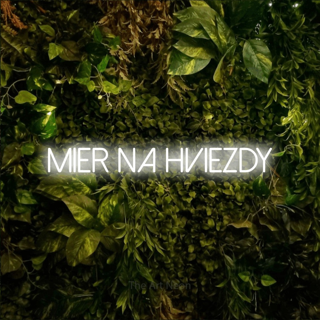 LED neon sign reading “Mier na Hviezdy”, arranged in a single line.