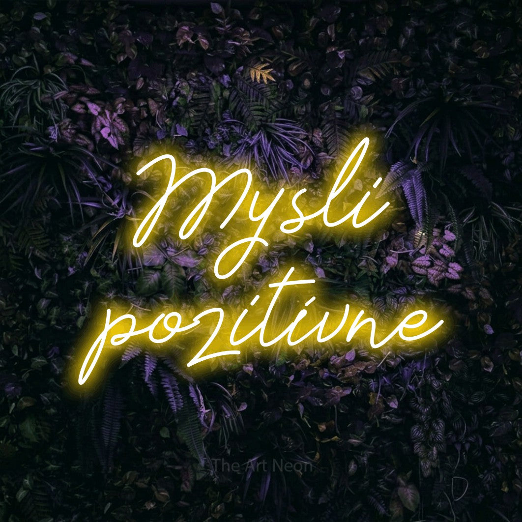 LED neon sign reading “Mysli pozitívne”, arranged in two lines.