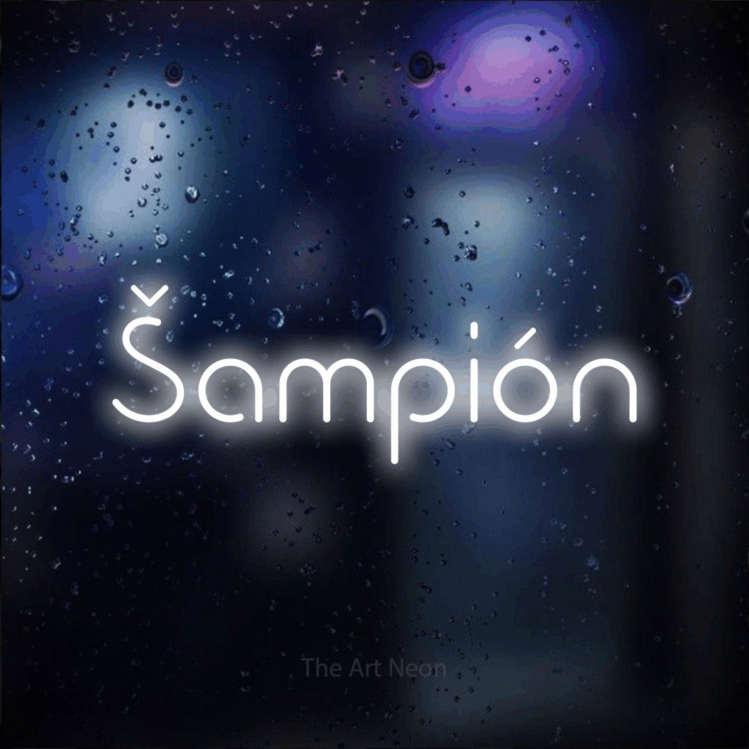 LED neon sign reading “Šampión”, arranged in a single line.