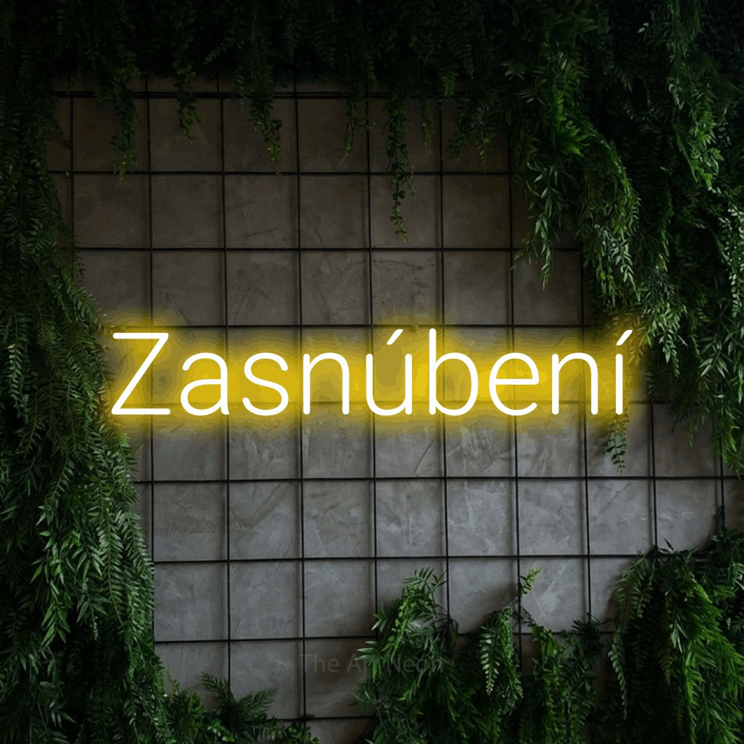 LED neon sign reading “Zasnúbení”, arranged in a single line.