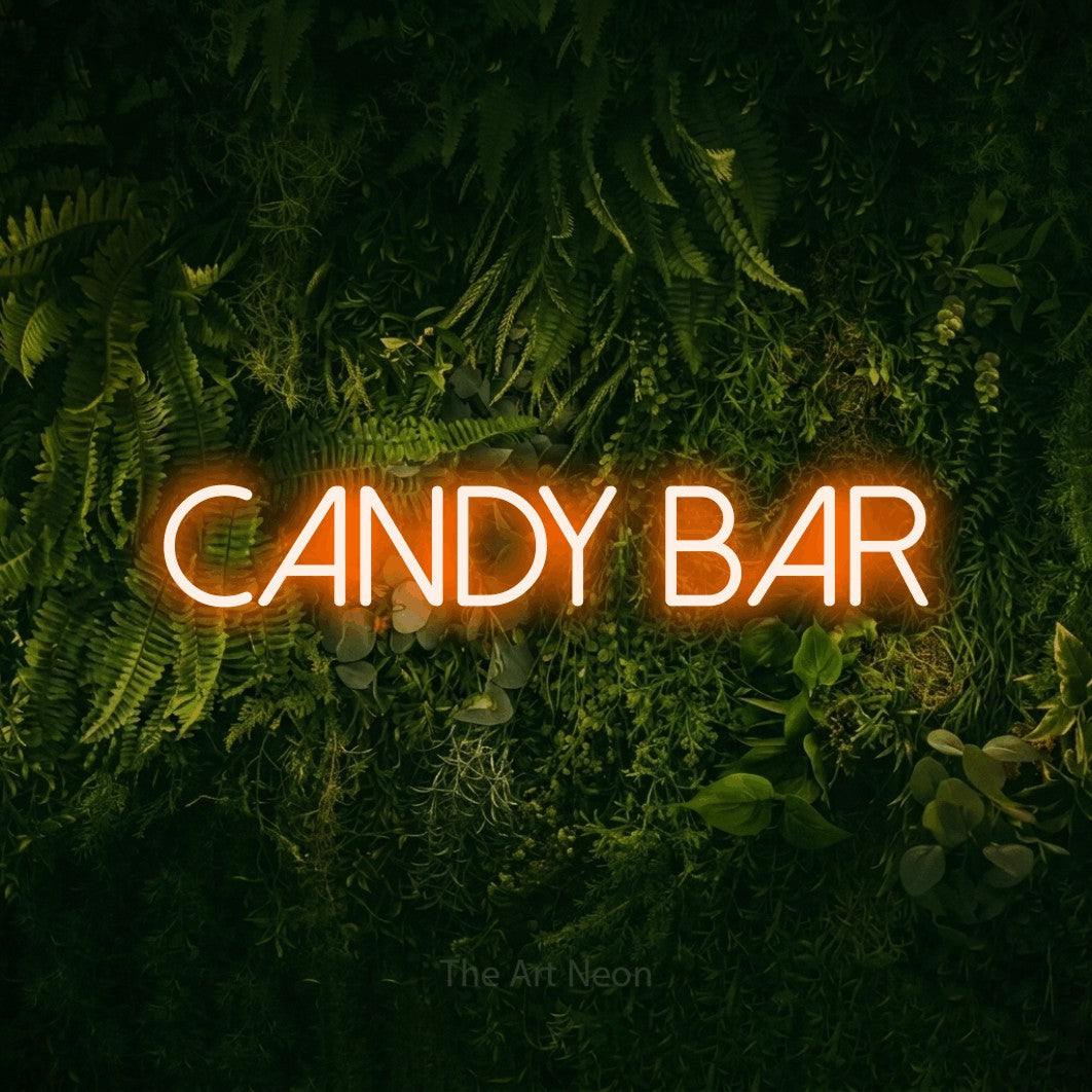 LED neon sign reading “candy bar”, arranged in a single line.