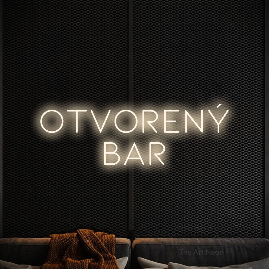 LED neon sign reading “otvorený bar”, arranged in two lines.