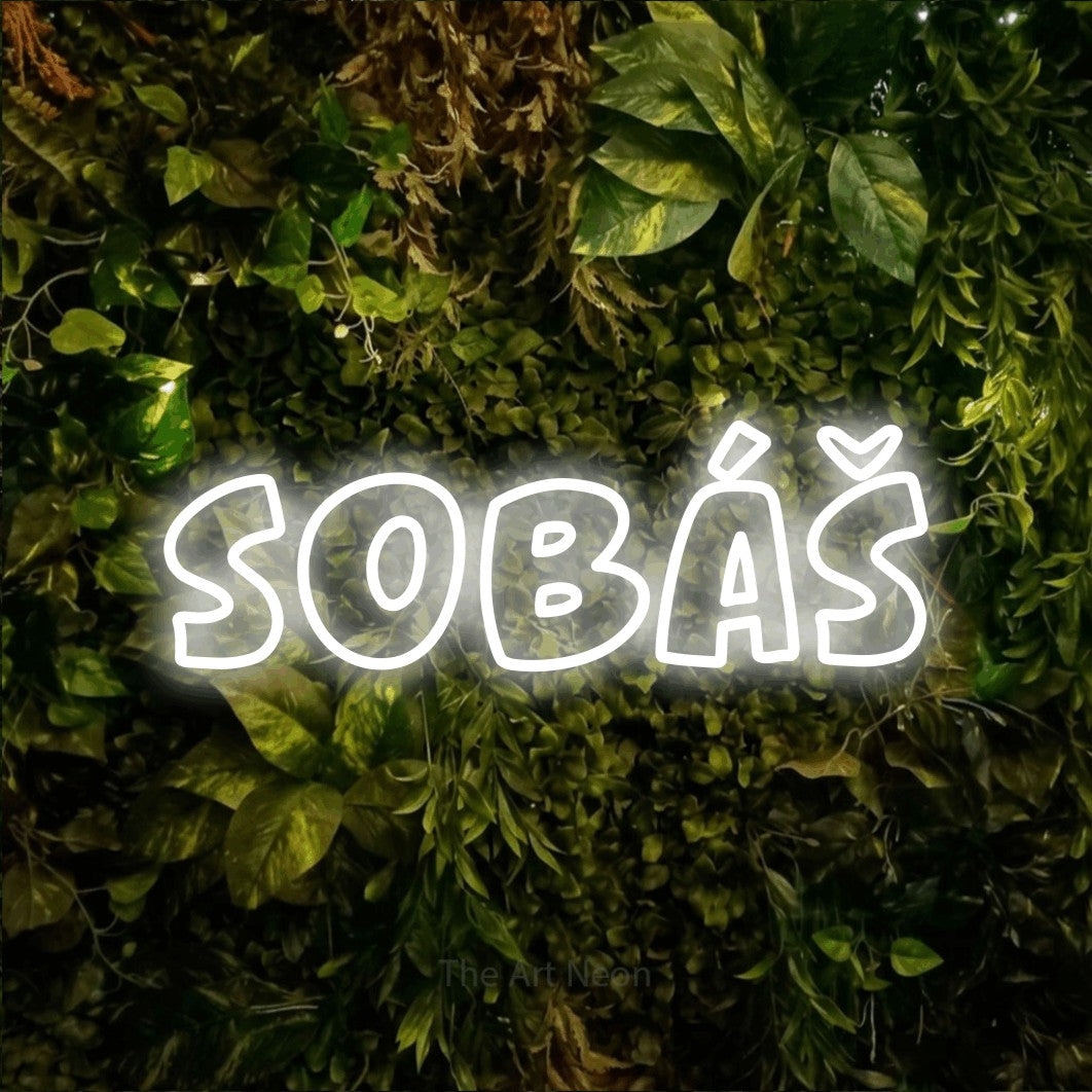 LED neon sign reading “Sobáš”, arranged in a single line.