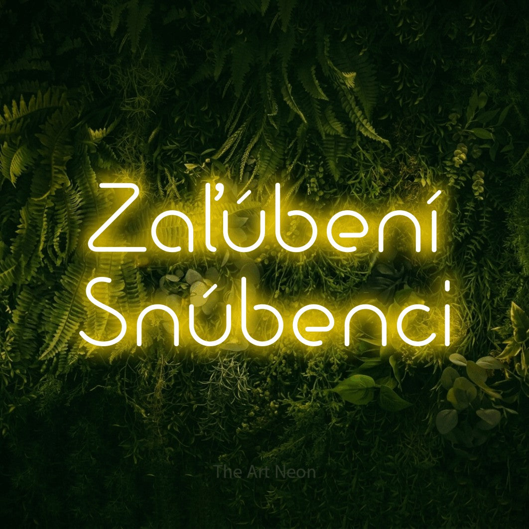 LED neon sign reading “Zaľúbení Snúbenci”, arranged in two lines.