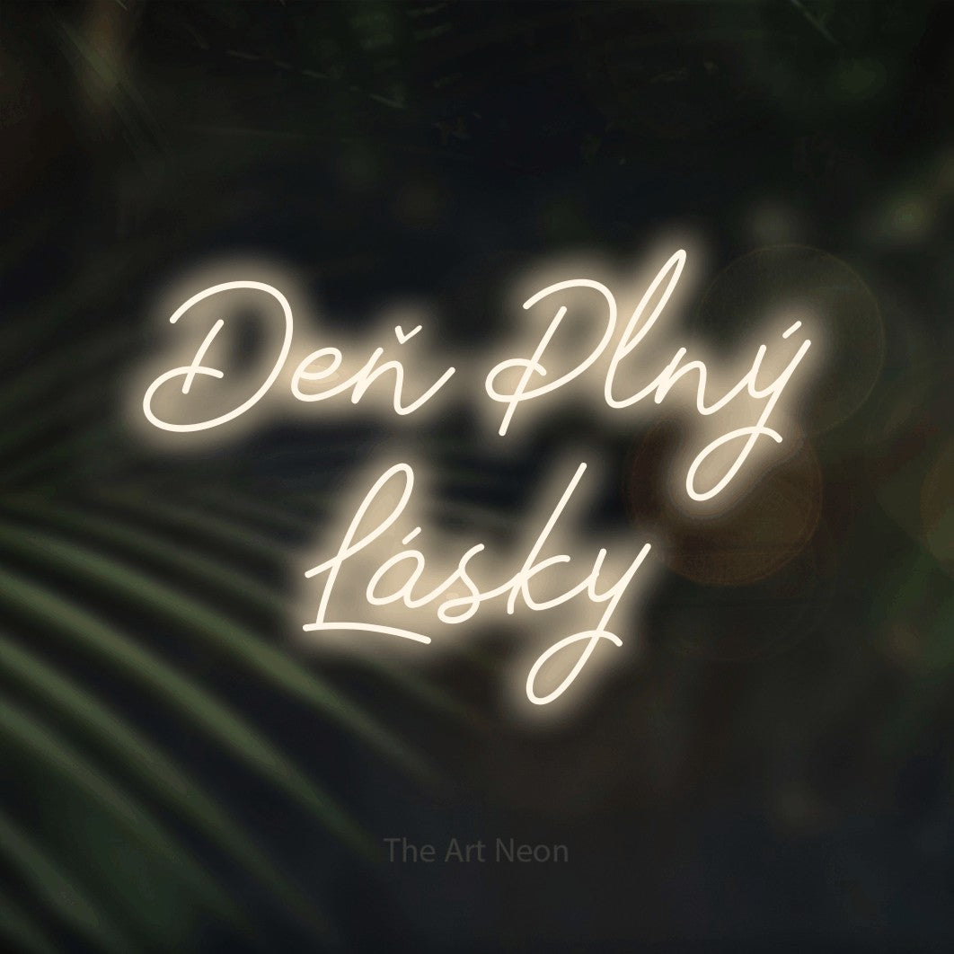 LED neon sign reading “Deň Plný Lásky”, arranged in two lines.