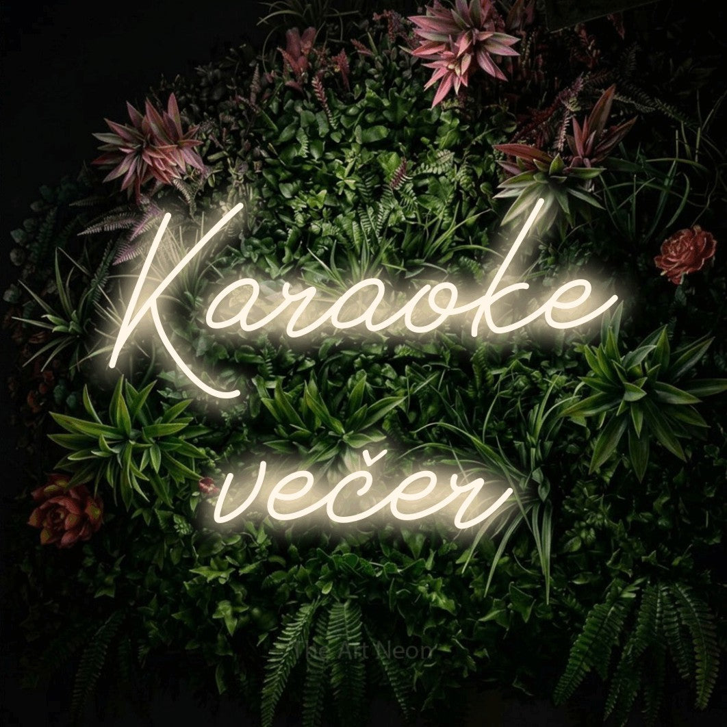 LED neon sign reading “Karaoke večer”, arranged in two lines.