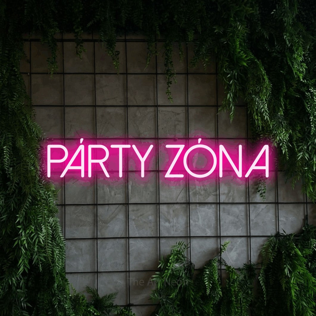 LED neon sign reading “PÁRTY zóna”, arranged in a single line.