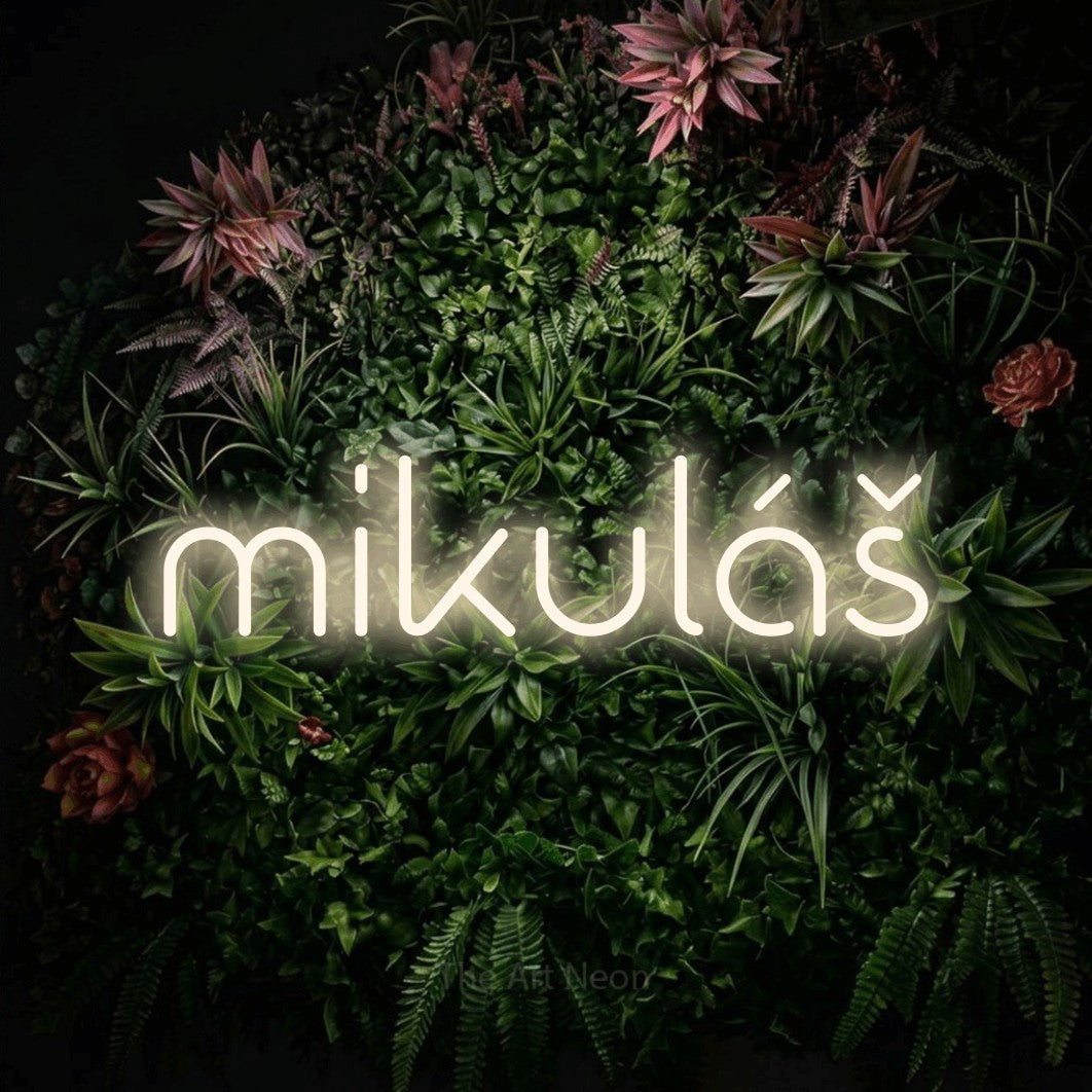 LED neon sign reading “mikuláš”, arranged in a single line.